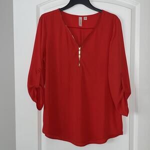 Tacera Women's Bright Red Quarter Zip Blouse Size med